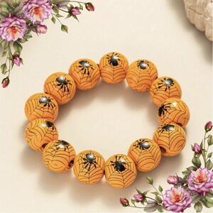 Wooden Spray Painted Black Spider Print‎ Bracelet , Halloween Party